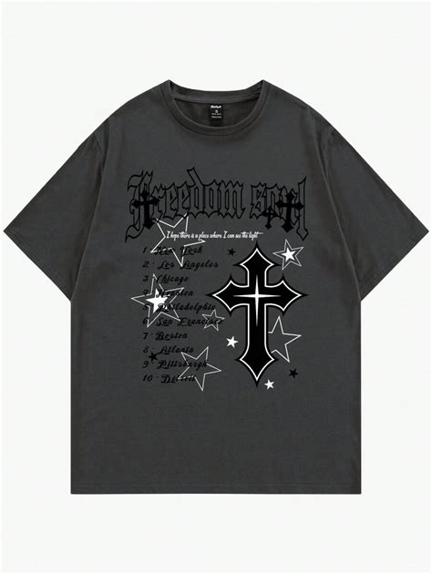 Romwe Goth Men Cross Star Print Tee Shein Usa