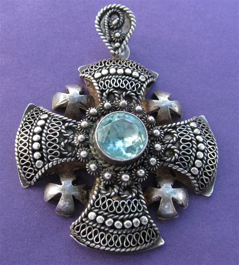 Antique Jerusalem Cross Silver With Aqua Stone Religious