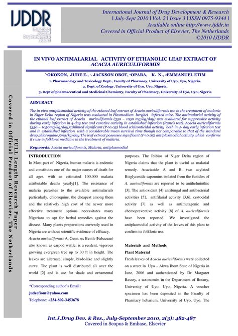 Pdf In Vivo Antimalarial Activity Of Ethanolic Leaf Extract Of Acacia