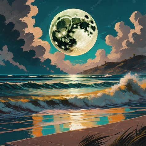 Premium AI Image | A painting of a beach scene with a full moon and the ...