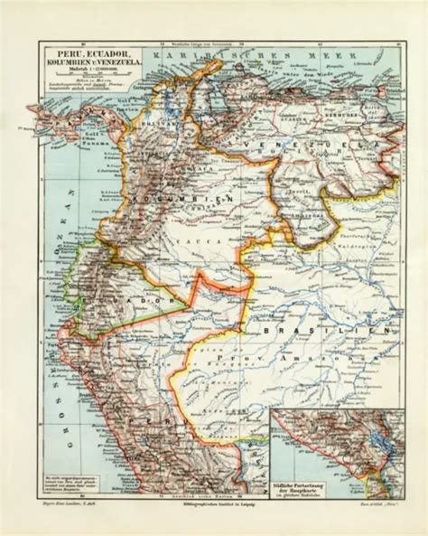 PERÙ ECUADOR COLOMBIA Venezuela mappa storica litografia circa 1906 EUR