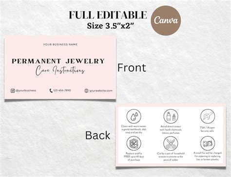 Pink Permanent Jewelry Care Card Template DIY Permanent Jewelry