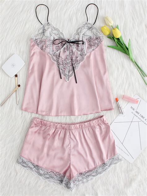 Shein Lace Applique Bow Knot Front Cami And Short Pj Set Short Pj Set