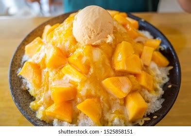 Eating Mango Shaved Ice Colorful Dessert Stock Photo