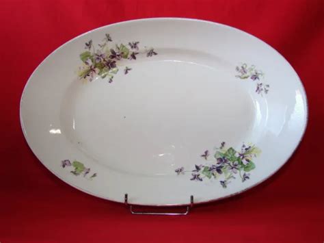 ANCIEN GRAND PLAT Oval En Faience Décor De Violettes Ceramique EUR 32