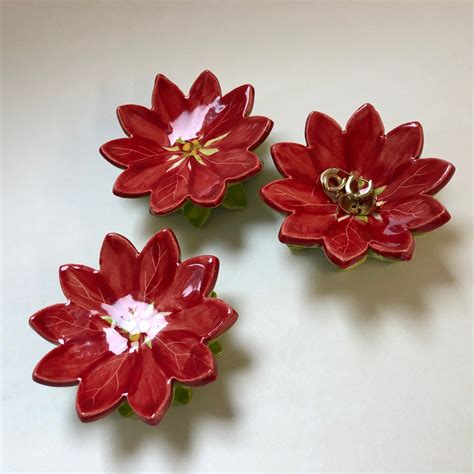 Poinsettia Pottery Dish Set 3 Ceramic Serving Flowers Etsy