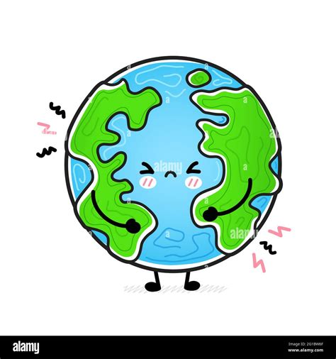 Cute Funny Sad Earth Planet Vector Hand Drawn Cartoon Kawaii Character