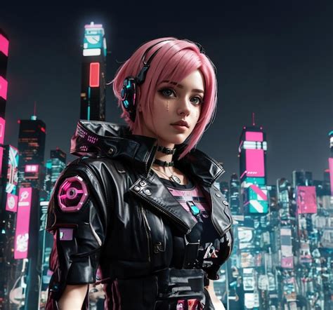 Premium Ai Image Women Warrior Pink Hair Cyberpunk Style