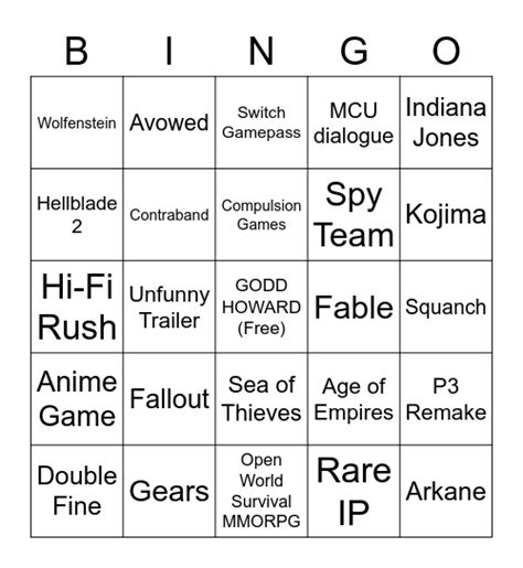 Xbox Showcase Bingo Card