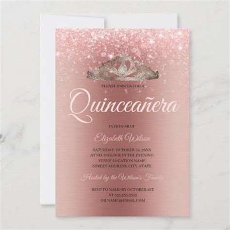 Modern Brushed Metal Rose Gold Glitter Quinceanera Invitation