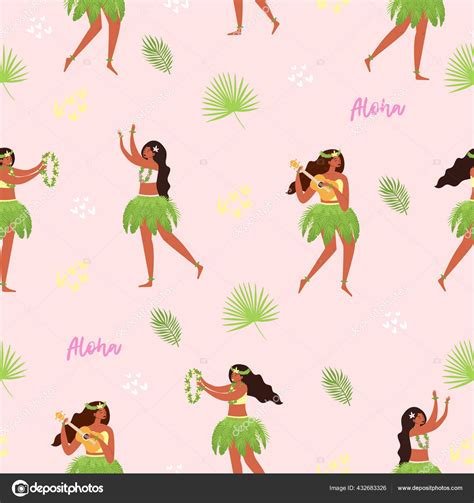 Patrón Sin Costuras Aloha Las Chicas Hawaianas Bailan Hula Tocan Vector Gráfico Vectorial