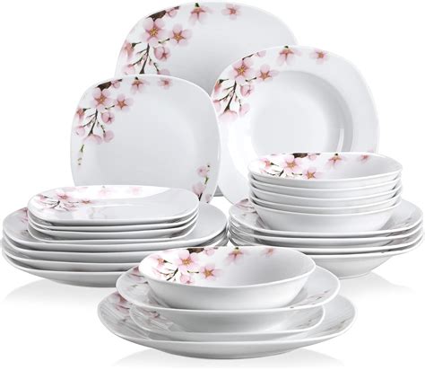 VEWEET Annie 24 Piece Dinner Set Ivory White Pink Floral Porcelain