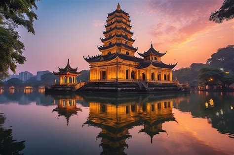 Premium Photo Hanoi Buddhist Pagoda On West Lake Colorful Sunset