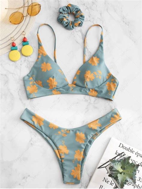 [16 Off] 2021 Zaful Flower Bikini Set With Hairband In Cyan Opaque Zaful