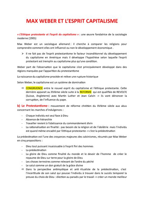 L Esprit Capitaliste Et L Thique Protestante De Max Weber Max Weber