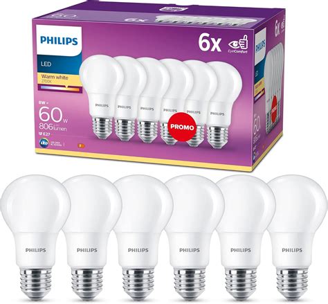 PHILIPS LED E27 Frosted Light Bulbs 8 W 60 W Warm White Pack Of 6