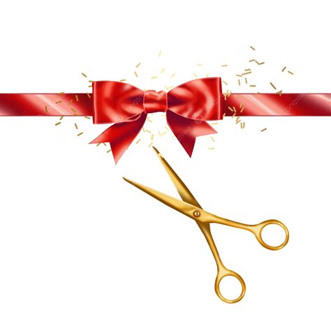 Grand Opening Red Ribbon With Bow And Golden Scissors Glitter Vector Grand Open Ribboneps