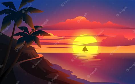 Premium Vector Panorama Of Sunset In Beautiful Beach