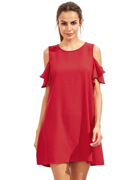 Burgundy Cold Shoulder Ruffle Sleeves Shift Dress Shein Sheinside