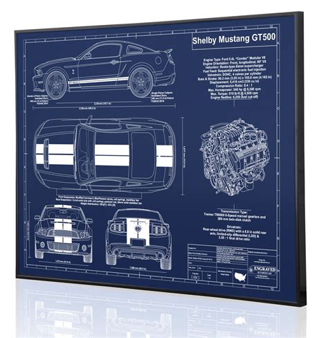 Ford Mustang Shelby GT500 2010 Engraved Blueprint. Metal, Acrylic or ...