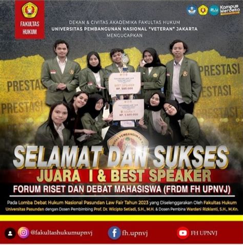 Frdm Fh Upnvj Berhasil Menjadi Juara I Dan Best Speaker Lomba Debat Hukum Nasional Pasundan Law