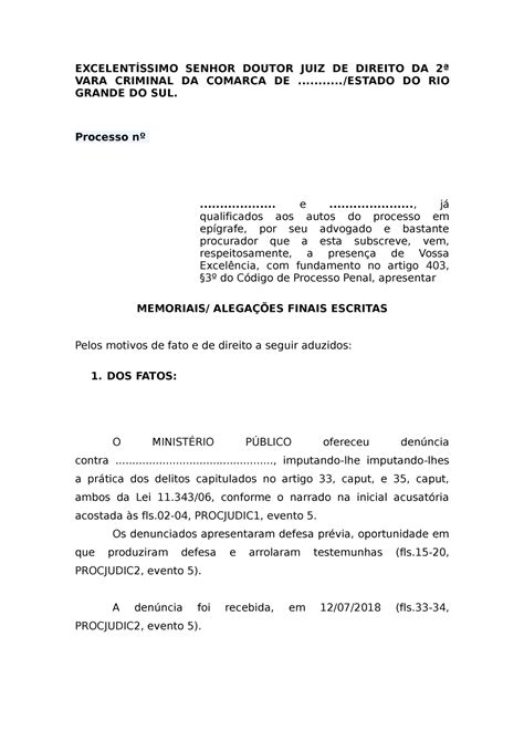 Modelo padrao Memoriais trafico EXCELENTÍSSIMO SENHOR DOUTOR JUIZ