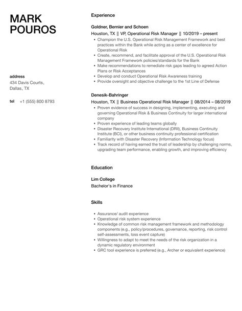 Operational Risk Manager Resume Samples Velvet Jobs