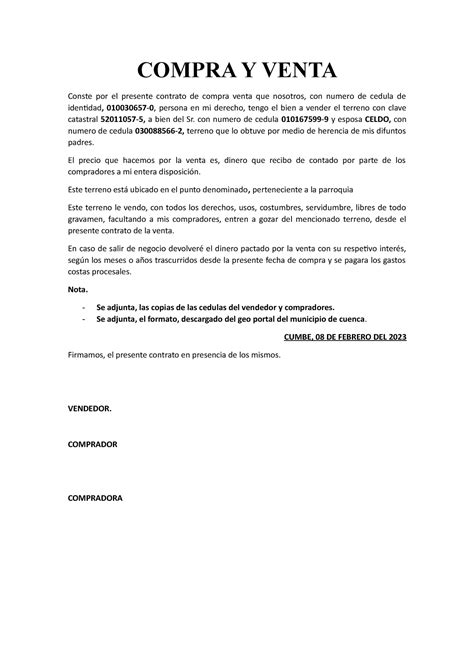 Compra Y Venta Compra Y Venta Conste Por El Presente Contrato De Compra Venta Que Nosotros