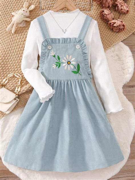 Girls Floral Embroidery Frill Trim Overall Dress Tee Basic Dress