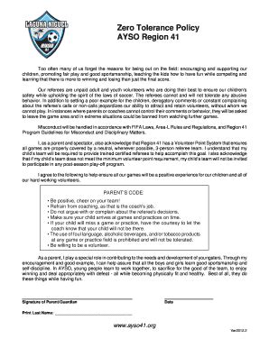 Fillable Online Zero Tolerance Policy AYSO Region 41 Fax Email Print