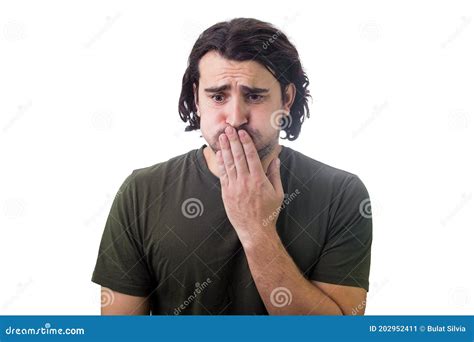 Disgust Emotion Man Covers Mouth With His Hand Not To Vomit Isolated