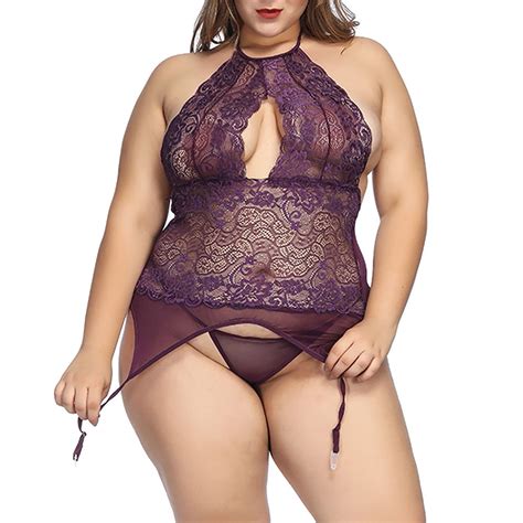 POTETI Lace Women Lingerie Naughty Plus Size Purple Nightwear Mesh Show