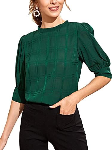 Shein Womens Grid Office Blouse Work Top Puff Sleeve Shirt Blouses Green X Large Wantitall