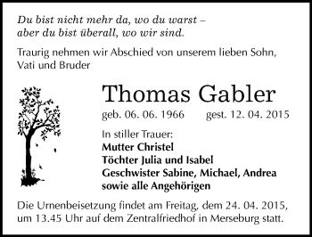 Traueranzeigen Von Thomas Gabler Abschied Nehmen De