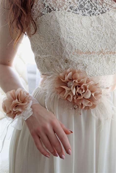 Bridal Flower Sash With Feathers Tan Wedding Dress Belt With Silk