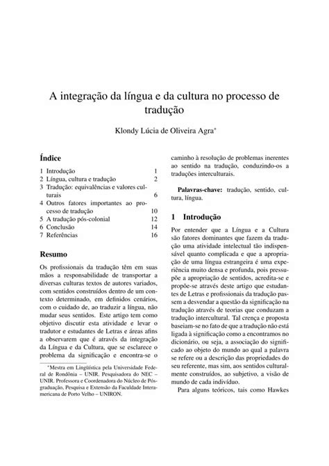 Pdf A Integra O Da L Ngua E Da Cultura No Processo De Tradu O