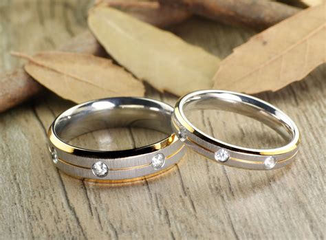 His And Her Couple Two Tone Gold And White Gold Matt Diamonds Wedding Titanium Rings Set