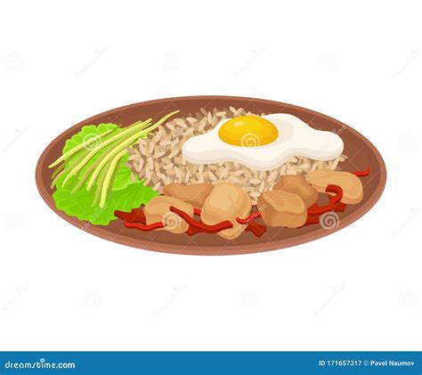 Appetizing Thai Food Of Rice With Scrambled Egg And Greenery Served On