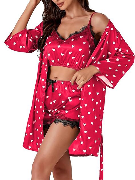 Prettycamp Woman Nightgown Set Sexy Satin Silk Pajamas Robe Lace Cami