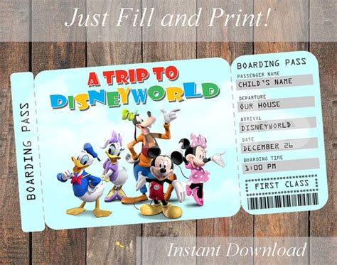 Printable Ticket To Disney Disneyworld Disneyland Boarding Pass