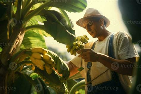 Farmer working in a banana plantation, Harvesting of ripe bananas. ai ...