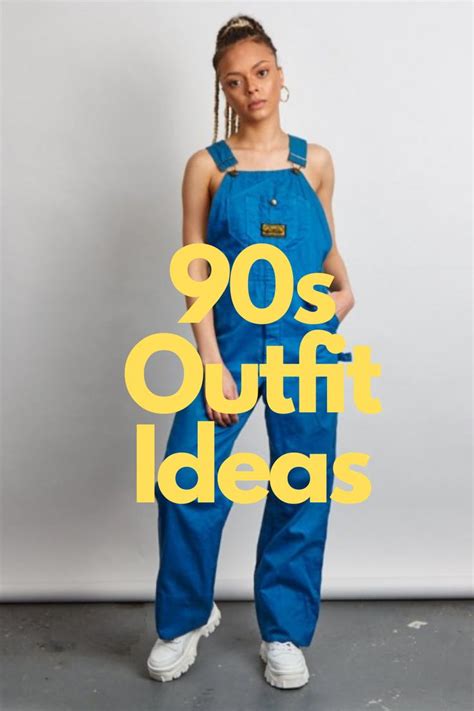 A Woman In Overalls With The Words 90s Outfit Ideas