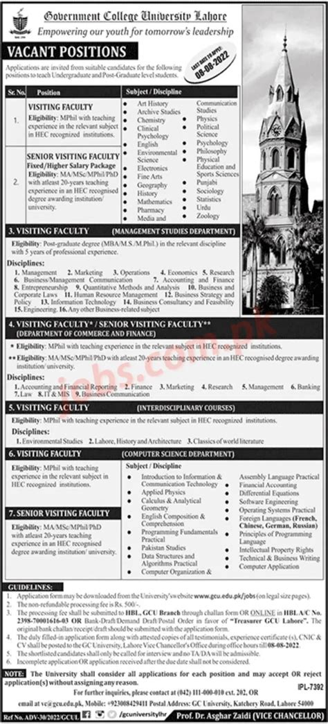 Government College University Lahore Jobs 2022 For Teaching Faculty On