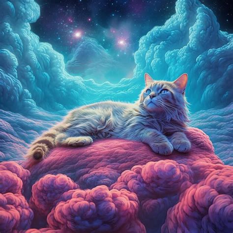 Una Pintura De Un Gato Tendido En Una Nube Foto Premium