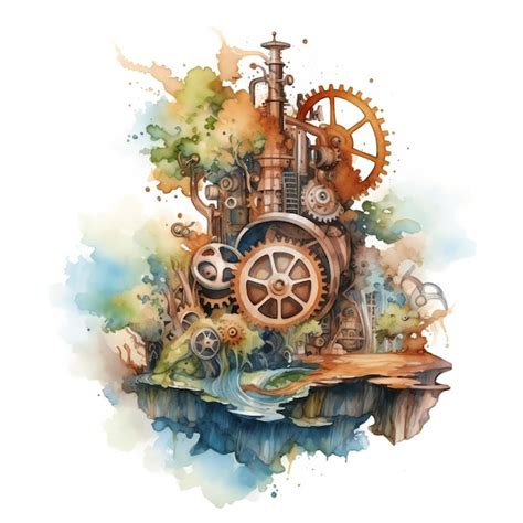 Premium AI Image Watercolor Steampunk Nature On White Background