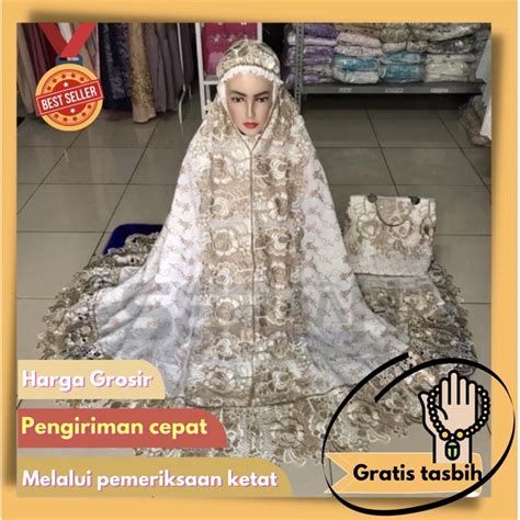 Jual Mukena Dewasa Prada Swarovski Rose Gold Sutra Paris Renda Prada