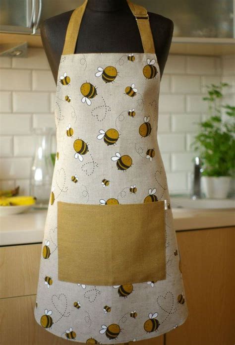 Linen Apron With Bees Print Kitchen Pinafore With Pocket Etsy Uk