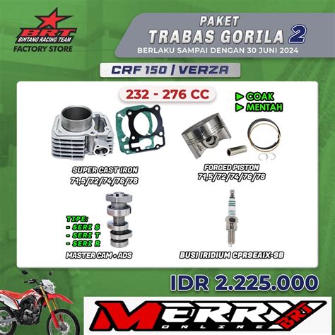 Jual Paket Gorila 2 BRT Bore Up Trabas CRF Verza 250cc 300cc Piston 72