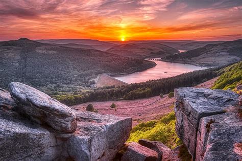 Sunset England Peak District Ladybower Reservoir Bamford Edge Hd