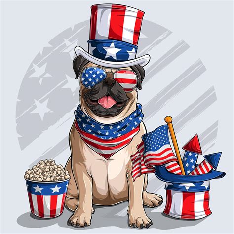 Cute Beige Pug Dog Sitting With American Independence Day Elements 4th